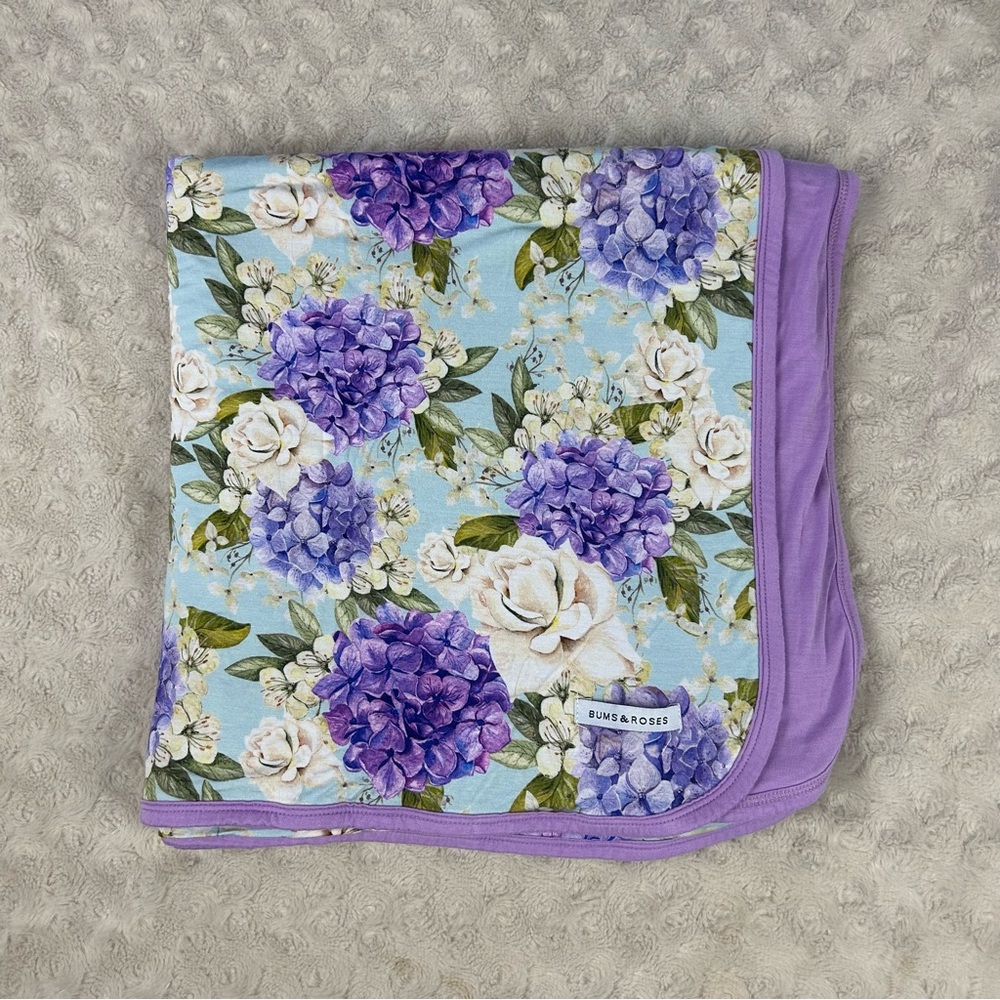 Bums and Roses Purple Floral Baby Blanket Hydrangeas Green White Blue Flower